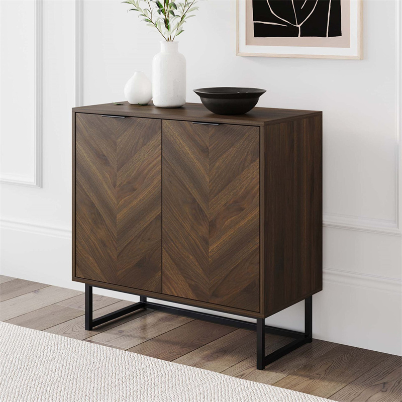 Modern Sideboard Buffet, 32 inch Storage Accent Cabinet with Doors in a Rustic Finish and Matte Metal Base for Hallway, Entryway, Kitchen or Living Room, Walnut/Black
