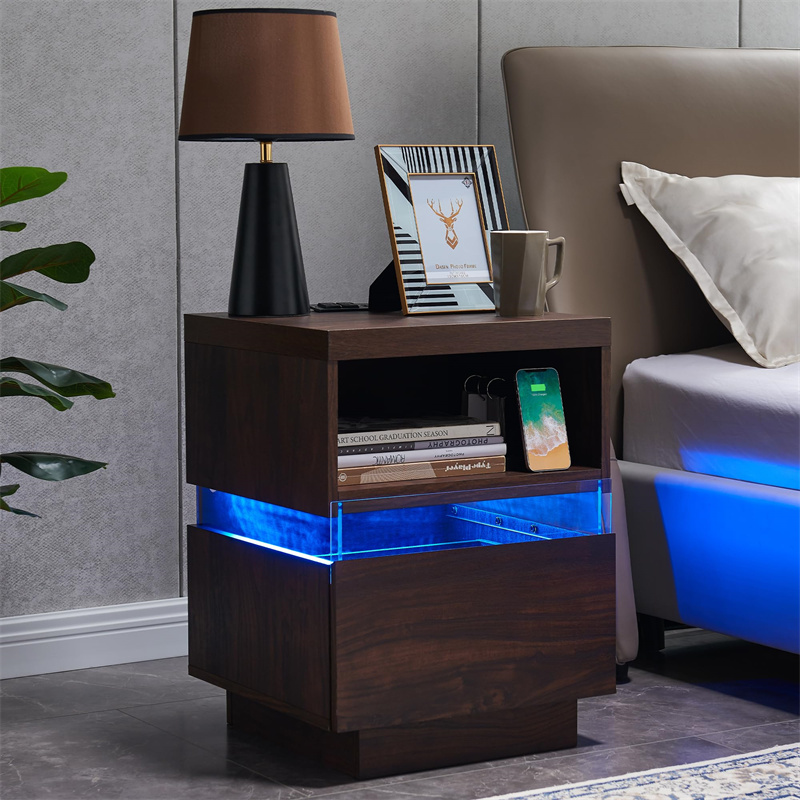 LED Nightstand e nang le Seteishene sa ho Chaja bakeng sa Kamore ea ho robala, Tafole ea Sejoale-joale ea Lehlakore e nang le Open Cubby & Storage Drawer, Tafole ea Qetello e nang le Mabone a LED bakeng sa Kamore ea Bolulo, Kopano e Bonolo, Botsho bo Tiileng.