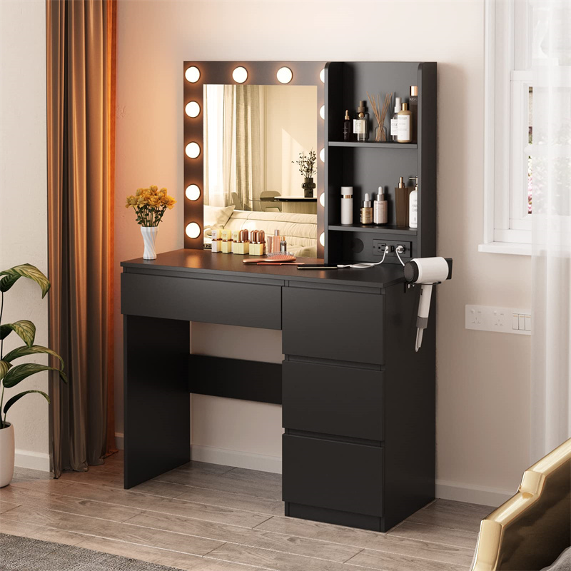Umivaonik sa svjetlima, 37-inčni toaletni stol sa trakom za napajanje, sto za šminkanje sa 4 ladice i osvijetljenim ogledalom, 3 boje osvjetljenja, bijela