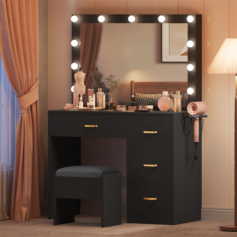 Makeup Vanity with Large Lighted Mirror, Vanity with Power Outlet, 3 Color Lighting Modes, Adjustable Brightness, 4 Drawers Vanity with Cushioned Stool for Women Girls, Pearl-White