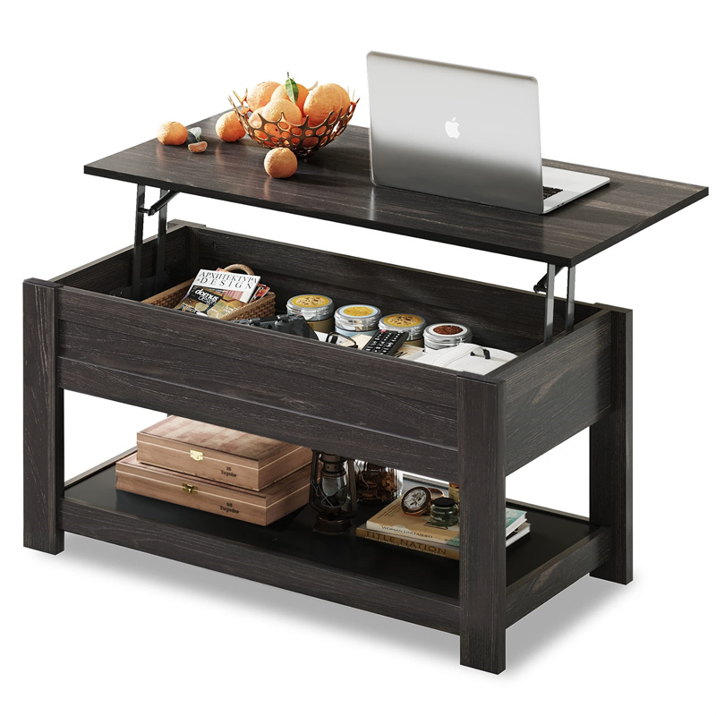 Moderni Leva Top Coffee Mensam, Rusticus Coffee Table with Repono Shelf and Occultum Compartment, Wood Leva Tabletop pro Domo Livio, Rusticus Brown