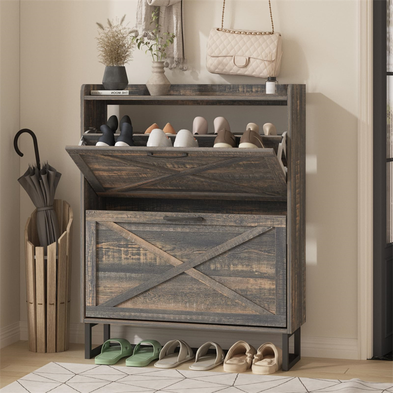 Khau Cia Txee nrog 2 Flip Drawers, Freestanding Organizer nrog Hlau ceg rau kev nkag, nqaim khau khib txee, Rustic xim av