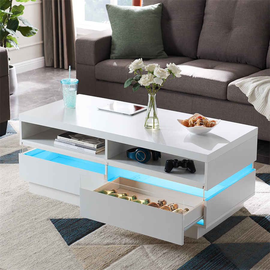 48″ LED Coffee Table with Storage, Modern Center Table with LED Lights & Power Strip, Coffee Table with Drawers for Living Room, Easy Assembly, Solid White