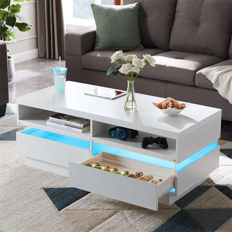 48″ LED Coffee Table na may Storage, Modern Center Table na may LED Lights at Power Strip, Coffee Table na may Drawers para sa Sala, Easy Assembly, Solid White