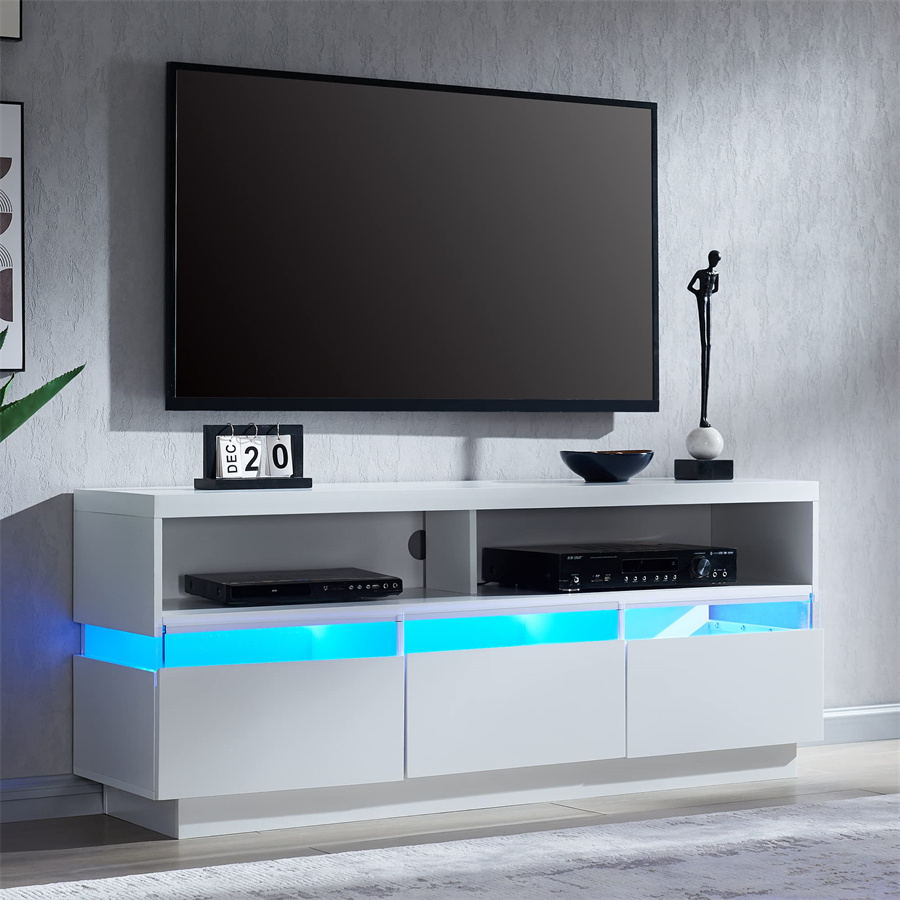 מעמד לטלויזיה LED לטלוויזיה בגודל 65 אינץ', מרכז בידור משחקים מודרני עם נורות LED, שולחן קונסולת לאחסון מדיה עם מגירה גדולה וארונות צד לסלון, לבן מלא, 58 אינץ'