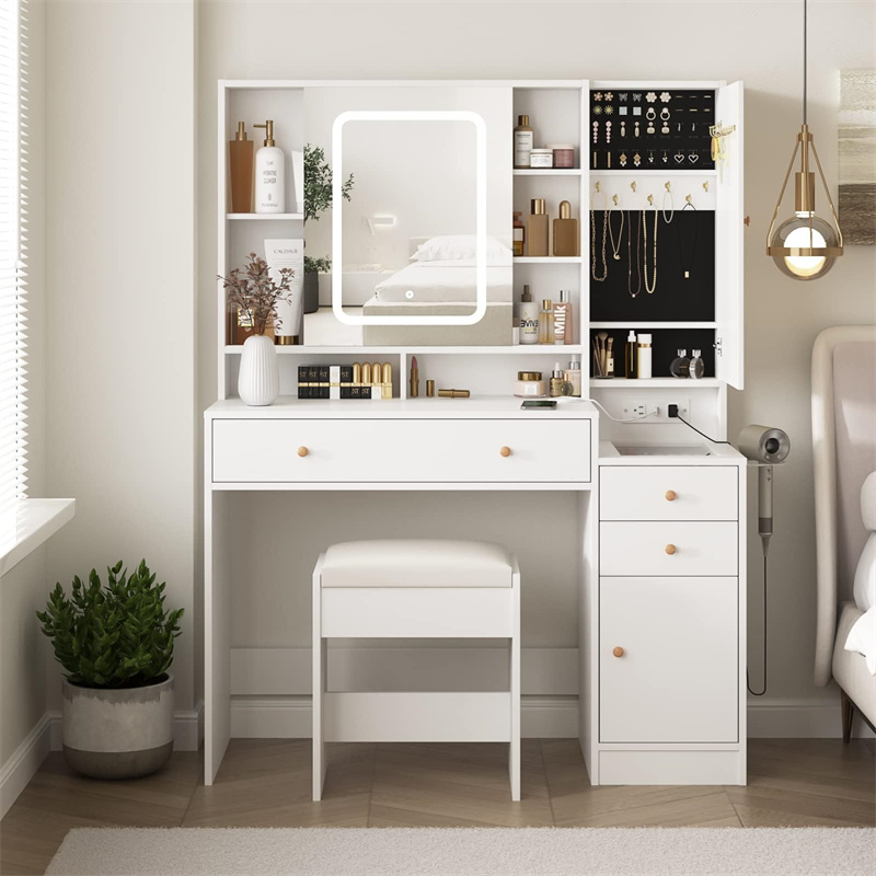 White Vanity Desk with Mirror and Lights, Vanity Table Makeup Vanity with Lights 3 Drawers and Cabinets, Charging Station & Sliding Door, Lots Storage Shelves