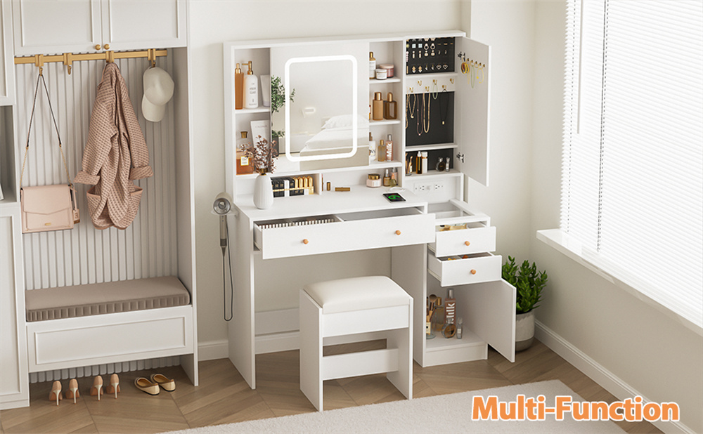 White Vanity Desk with Mirror and Lights__y02